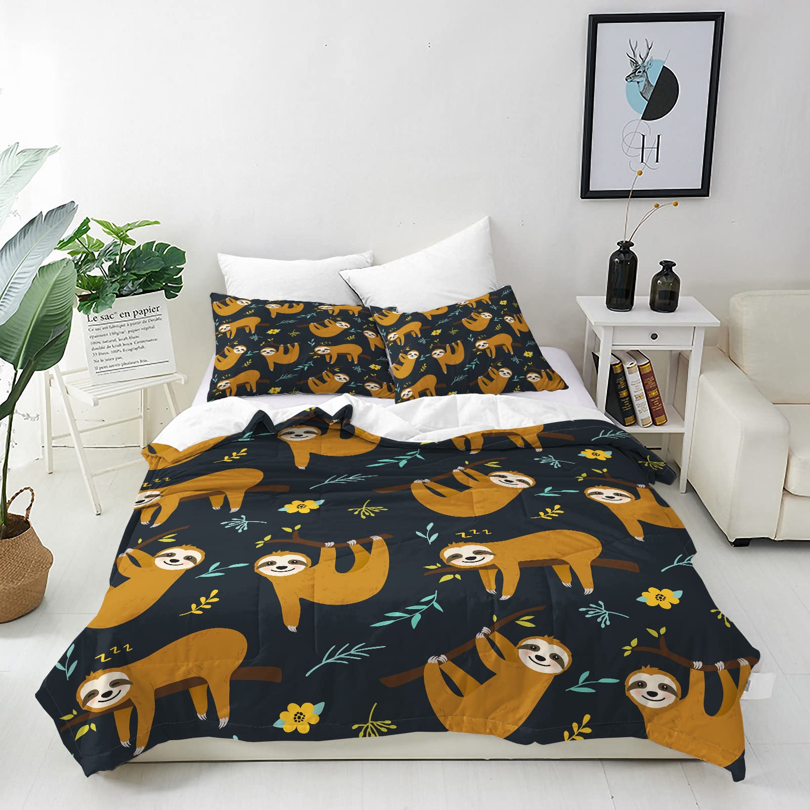 ANHOPE Sloth Duvet Cover Set Soft Lightweight 3 Piece Bedding Set with 2 Pillowcase Cute Cartoon Animal Sloth Print Pattern Kids Boys Girls Teens Quilt Cover with Zipper Closure Double 200 x 200 cm — image 1
