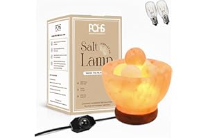 POHS Himalayan Pink Salt Fire Bowl Lamp with 5 Massage Balls, dimmable Switch Electrical Cord, with Replaceable Bulbs, Premium Wood Base.