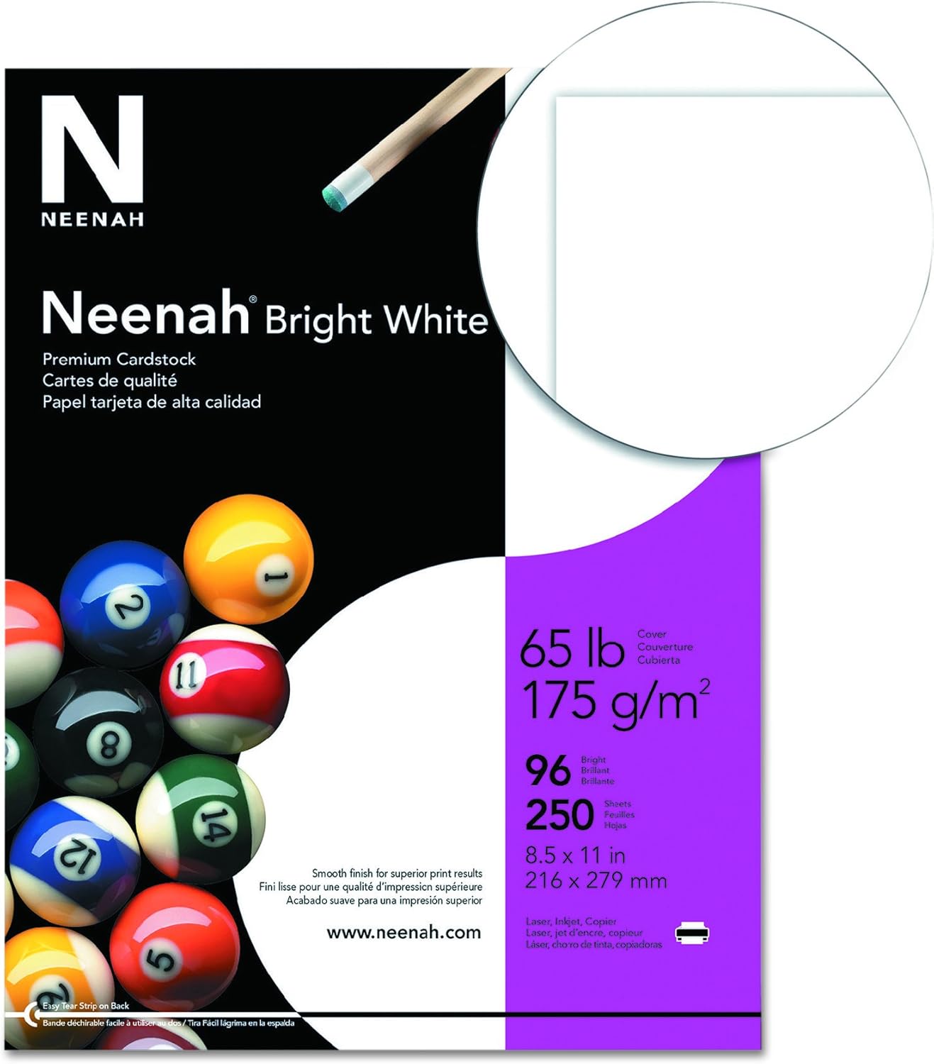 Neenah Bright White Cardstock, 8.5" x 11", 65 lb/176 gsm, 250 Sheets (91904) : White Cardstock : Office Products