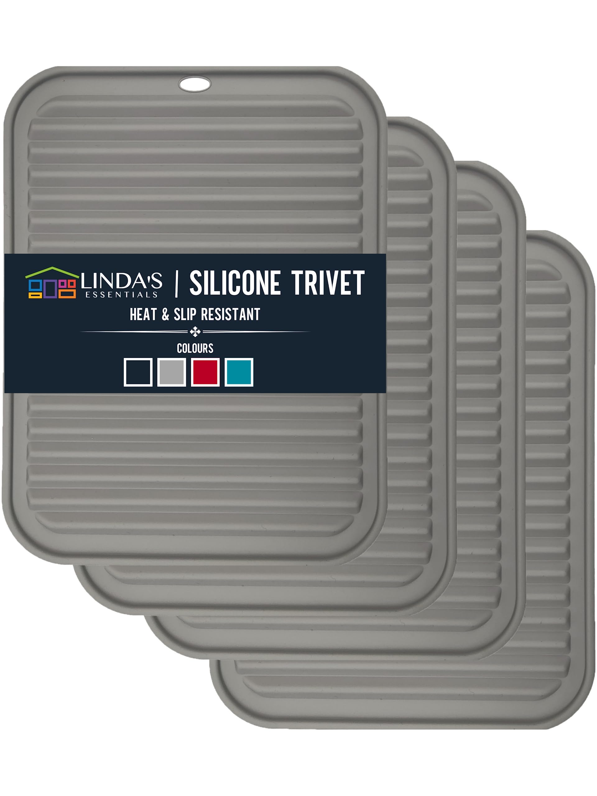 Linda's Essentials Silicone Trivets for Hot Pans and Pots (4 Pack) - Multipurpose Silicone Heat Resistant Mat and Pot Holder Trivet (30 x 23cm) - Heatproof Mats for Kitchen (Grey)