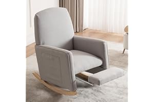FOXHUNTER Rocking Chair, Nursery Chair with Adjustable Footrest and High Backrest, Glider Chair for Nursery with Side Pockets,Upholstered Rocking Chair Indoor for Living Room,Cotton Linen Light Gray