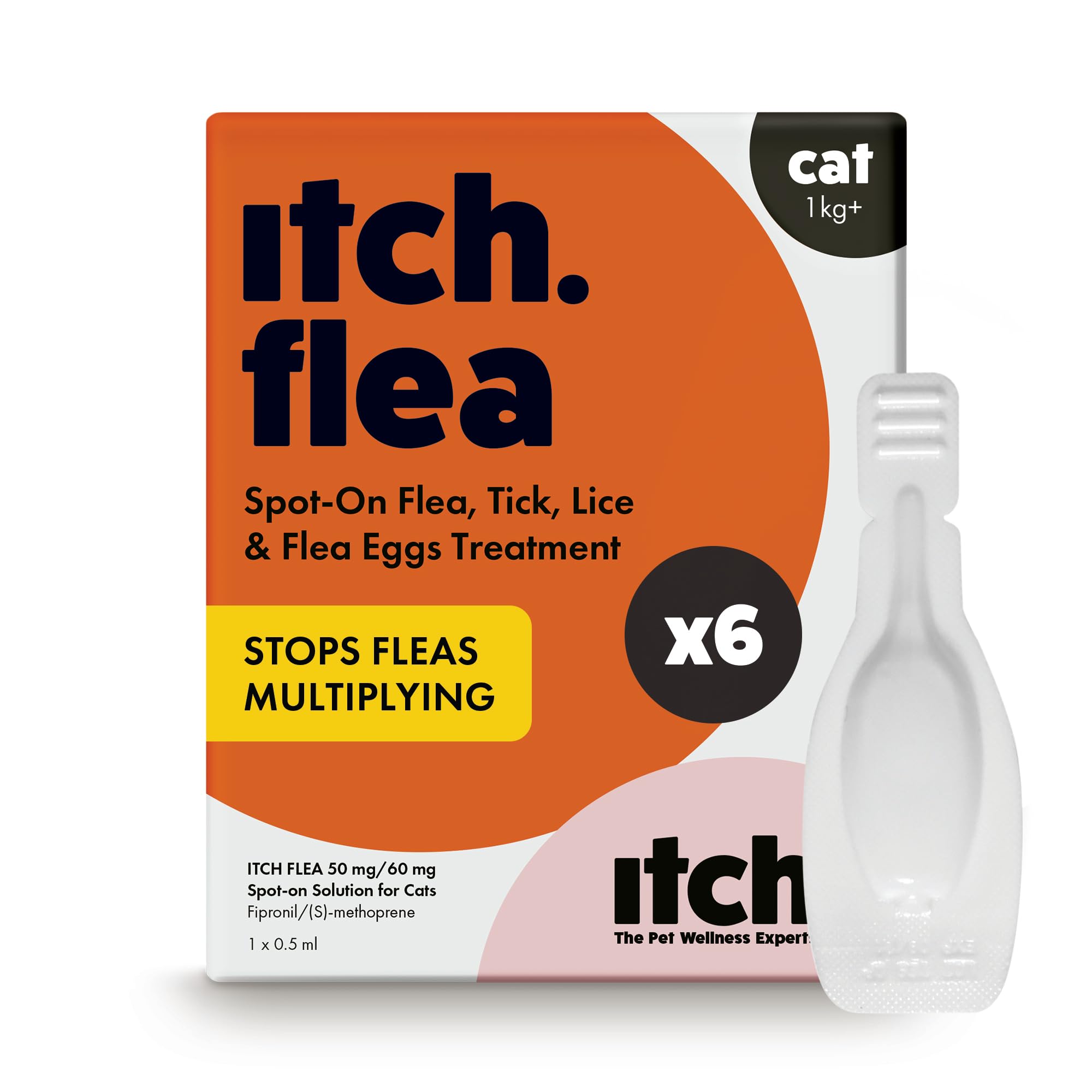 Itch Cat Flea & Tick Spot-On Treatment (1kg+) - Kills Fleas, Ticks, Lice & Eggs to Prevent Reinfestation - 6 Easy-Apply Pipettes
