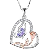 Rocayi Love Heart Butterfly Necklace for Women 925 Sterling Silver Birthstone Pendant Rose Flower Dainty Jewelry Gifts for Women Wife Girlfriend Mother Daughter Her