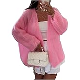MakeMeChic Women's Fuzzy Cardigan Long Sleeve Sweater Open Front Y2K Knitted Outerwear