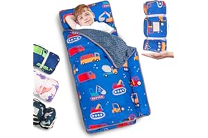 Primlect Thickened Toddler Nap Mat with Removable Pillow and Minky Blanket, Extra Large 55''x35'' Sleeping Bag, Washable, Roll up, Perfect for Daycare, Preschool, Kindergarten, Boys and Girls Blue Car