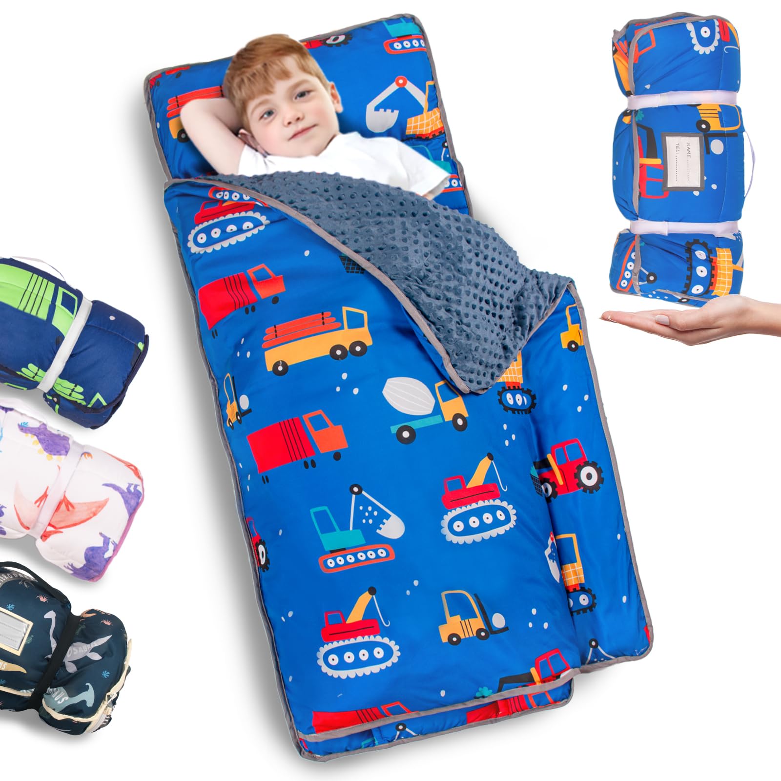Photo 1 of Primlect Thickened Toddler Nap Mat with Removable Pillow and Minky Blanket, Extra Large 55''x35'' Sleeping Bag, Washable, Roll up, Perfect for Daycare, Preschool, Kindergarten, Boys and Girls Blue Car