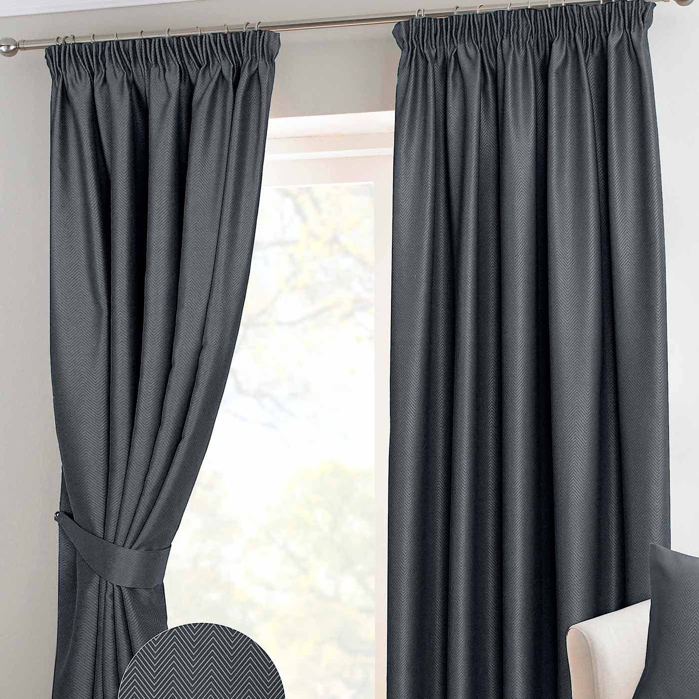 HOMESCAPES Dark Grey Pencil Pleat Blackout Thermal Curtain Pair Width 117cm (46") x 228cm (90") Drop Herringbone Chevron Textured Retro Geometric Design. FREE SWATCHES