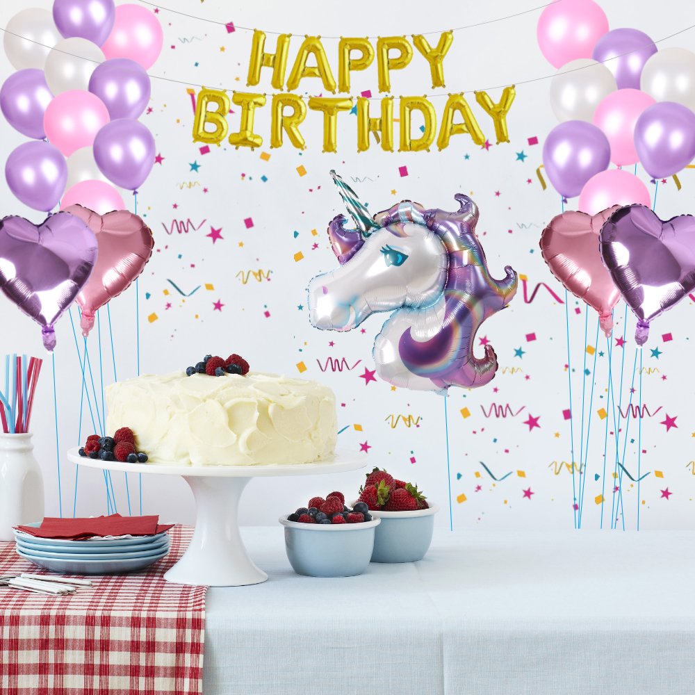 Birthday Party Decoration Kits 40 pcs Glitter Unicorn Headband,Gold Happy Birthday Banner,Foil Party Balloons, Headband for Kids Girls Birthday Party (Pink)