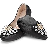 KUNWFNIX Women's Ballet Flats Foldable Classic Crown Rhinestone Slip On Flowers PU Leather Pointed Toe Comfort Flat Casual Dress Shoes