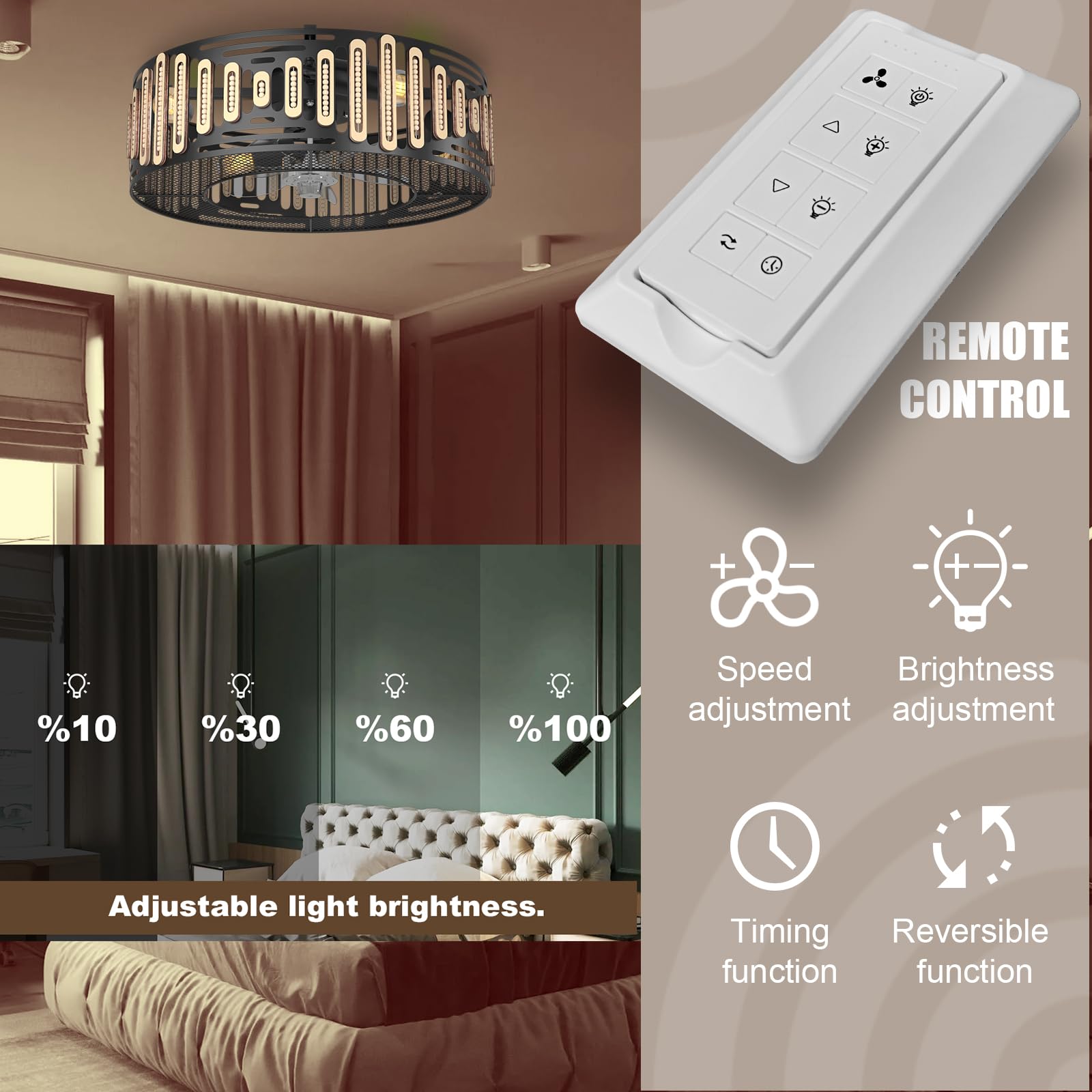 Prichor Modern Caged Ceiling Fan with Light and Remote - Black Outdoor Ceiling Fan with Dimmable and Reversible Fan Blades, 6 Speed Caged Ceiling Fan, 2H Timing (E27 Bulbs Included)