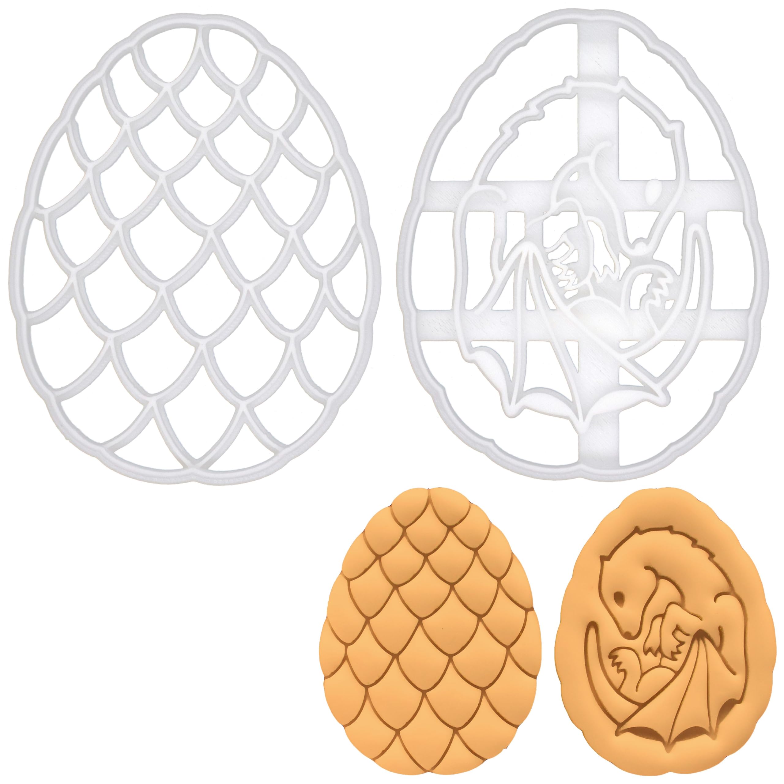 BAKERLOGY Set of 2 Dragon Egg Cookie Cutters (Designs: Dragon Egg and Dragon Foetus) - Detailed Biscuit Cutter Design for Baking and Crafts, Ideal on Fondant, Dough, Clay