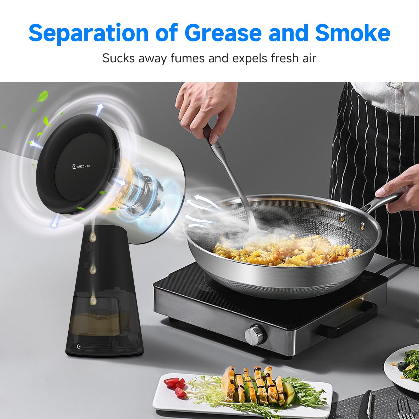 AMZCHEF Portable Range Hood, Desktop Exhaust Fan with 3 Speed Range Hood,Low Noise Large Oil Collection Cup,Detachable Aluminum Filter, Portable Kitchen Exhaust Fan for Indoor BBQ, Hot Pot-BK