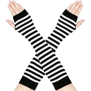 Womens Gothic-Striped Arm Warmers-Fingerless Gloves for Halloween Cosplay