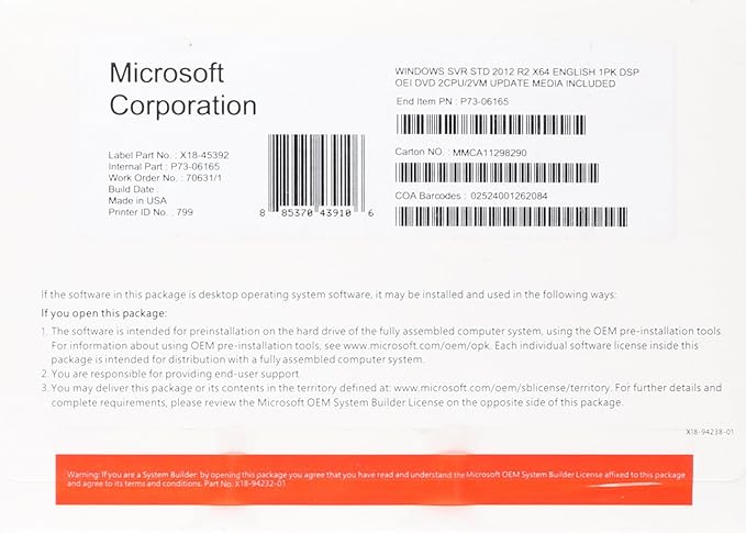Amazon Com Microsoft Windows Server 2012 Standard Oem 2 Cpus 2vm
