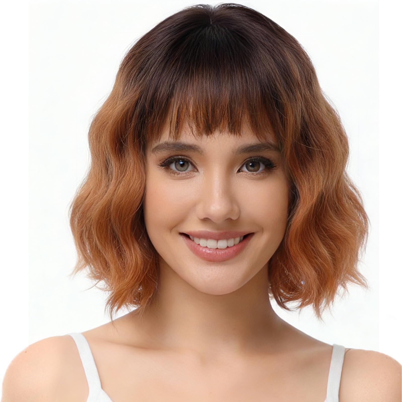 BUYOGET Wavy Bob Wig with Bangs Synthetic Hair Shoulder Length 12 Inch Short Curly Wigs for Women Ombre Ginger