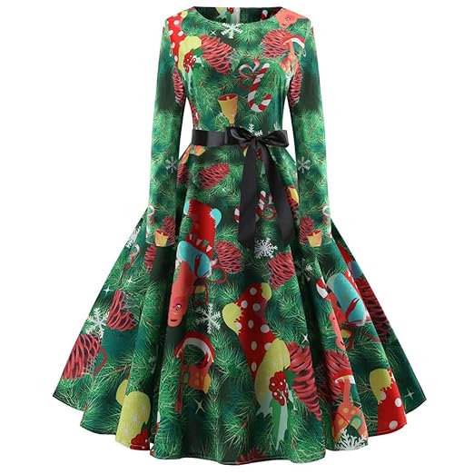 Longra Weihnachtskleid Damen Langarm Retro Kleider Vintage A-Line Baumwolle Swing Kleid mit Weihnachtsbaum Muster Rockabilly 