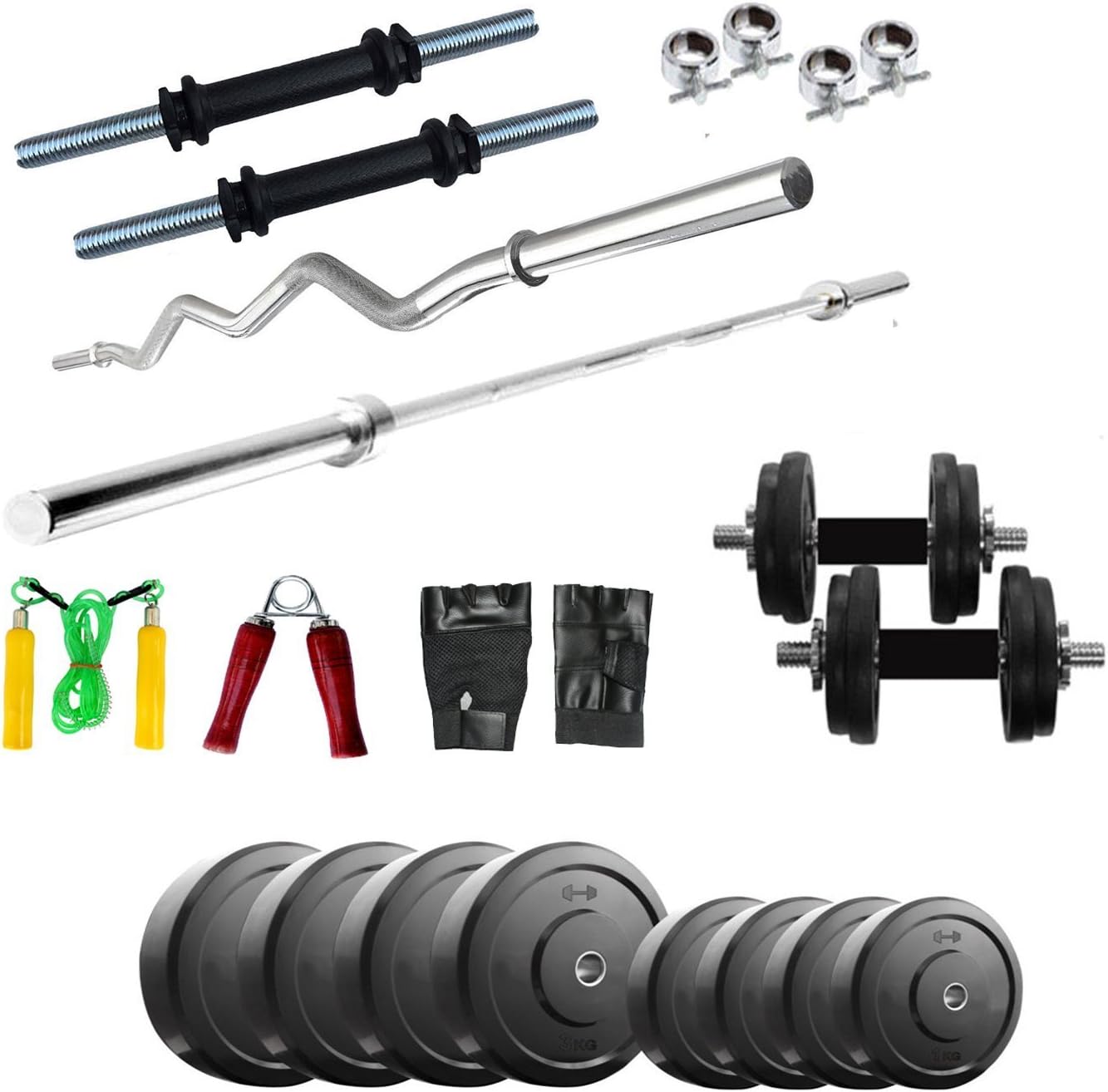 GOLD FITNESS Home Gym Equipments 20 Kg Weight, 5 Ft Plain Rod and 3ft Curl Bar with Accessories
