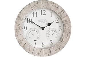 Presentime & Co Sandstone Outdoor Clock with Thermometer & Hygrometer as All in one Weather Station, 14", Coastal Sandstone Finish. Weather Thermometer, Outdoor Décor, Wall Décor.
