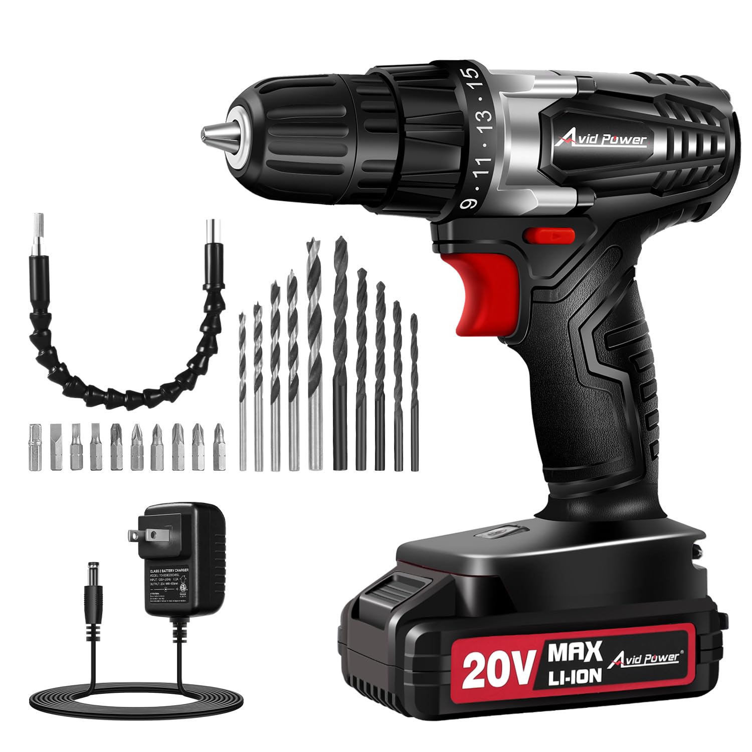 AVID POWER 20V Cordless Drill Set for Home DIY & Beginner Projects - Lightweight Power Drill with Battery & 22 Accessories, 3/8" Keyless Chuck, Ideal for Furniture Assembly & Household Repairs (Black) Image