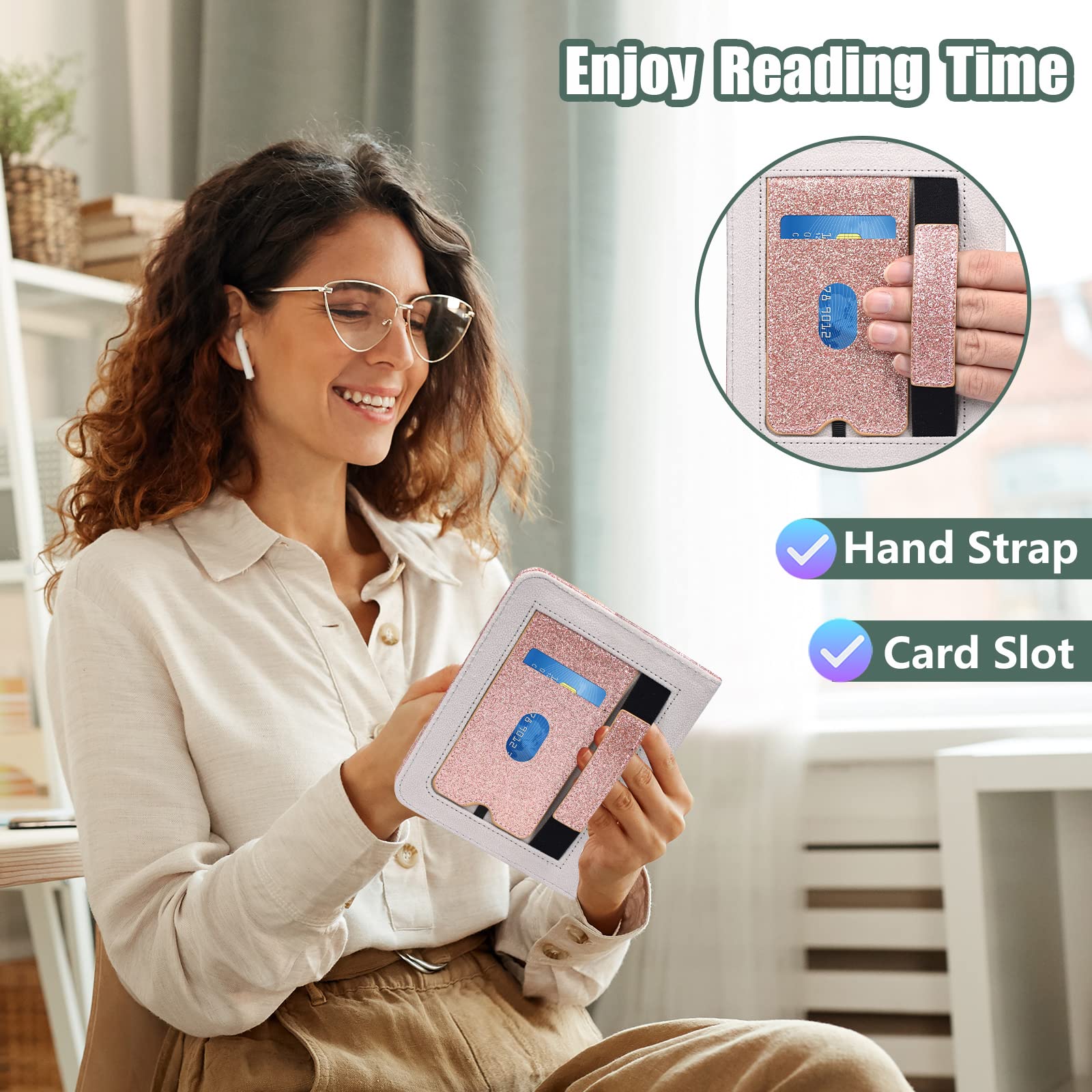 ACdream Case for Nook Glowlight 4 2021 / Nook GlowLight 4e 2022, Hands Free Stand Protective Durable Premium PU Leather Cover with Magnet Closure, Hand Strap, Card Slot,Glitter Rose