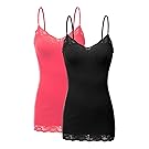 Bozzolo XT1004L Pack Ladies Adjustable Spaghetti Strap Lace Trim Cami Tank Top 2Pack-Blk/Coral XL