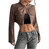 SHENHE Women's Faux Leather Cropped Jacket Vintage Zip Up Stand Collar Y2k Moto Biker Jacket