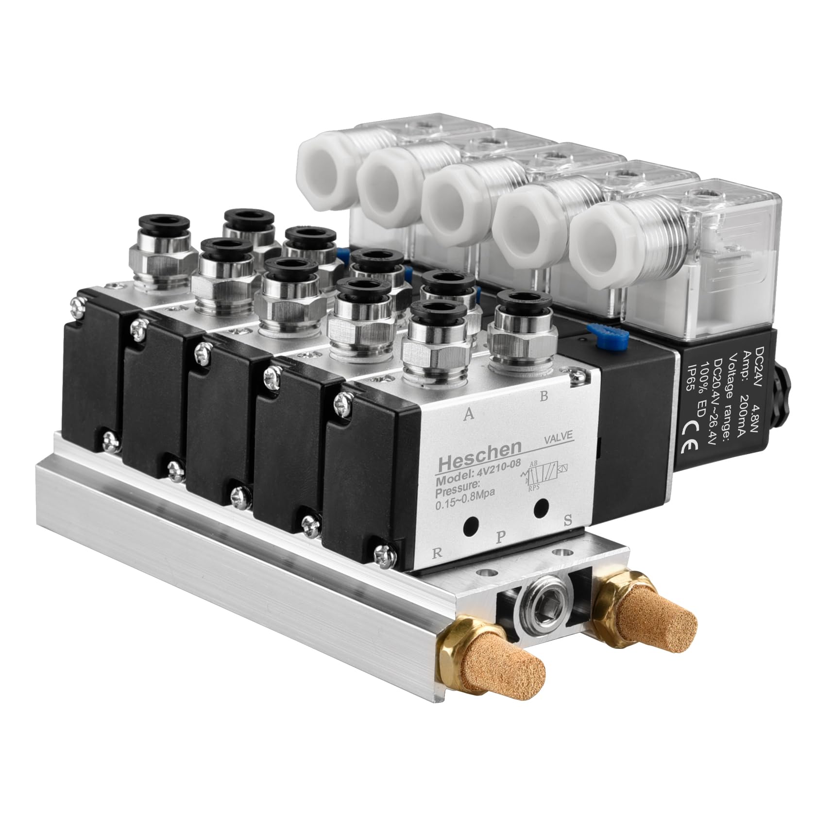 Heschen Electrical Pneumatic 5 Solenoid Valve, 4V210-08, PT1/4'', 5 Way 2 Position, Manifold Base Muffler Quick Fittings Set (DC 24V)