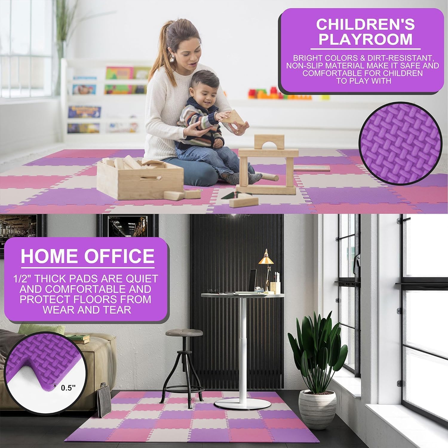 BalanceFrom Puzzle Play Mat, 36-Pc Interlocking Foam Floor Tiles, Pink/Purple/Beige - Playroom Tile Flooring Mats for Indoor and Outdoor Playpen and Playground