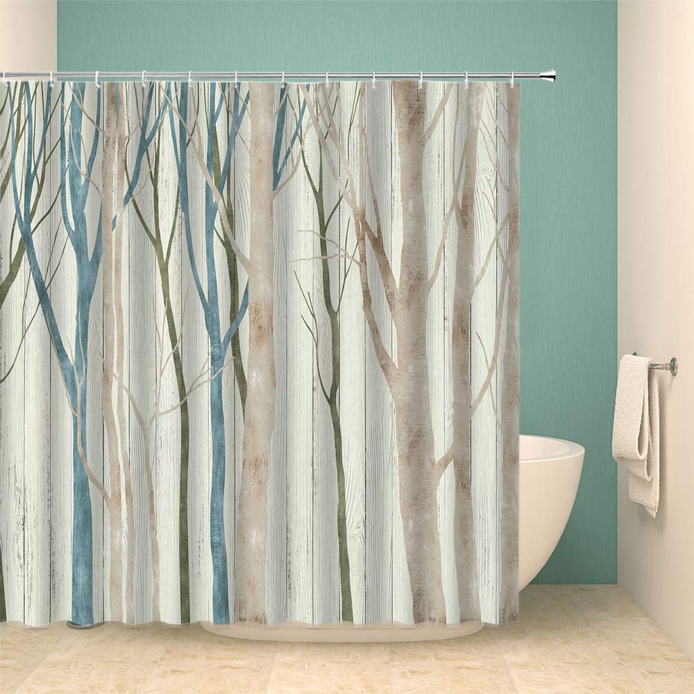 Tree Shower Curtain Birch Forest Abstract Watercolor Rustic Outdoor Theme Farmhouse Trees Branch Winter Nature Blue Brown Fabric Bath Curtains Bathroom Polyester with Hooks 70x70Inch