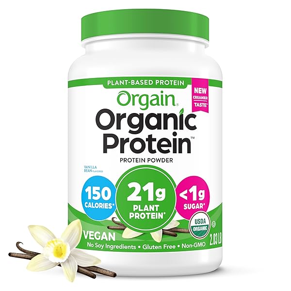 ORGAIN ORGANIC VEGAN PROTEIN POWDER, VANILLA BEAN – 21G PLANT PROTEIN, 6G PREBIOTIC FIBER, NO LACTOSE INGREDIENTS, NO ADDED SUGAR, NON-GMO, FOR SHAKES & SMOOTHIES, 2.03 LB (PACKAGING MAY VARY)