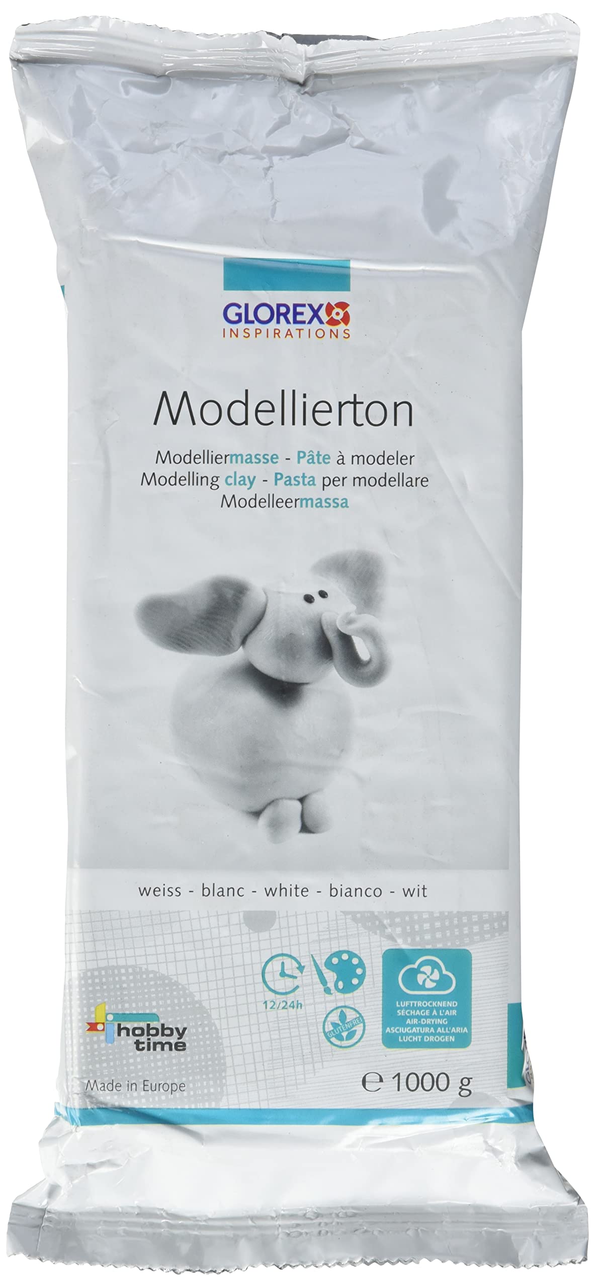 Glorex 6 1780 712 Modelling Clay, 1 kg in White, Ready-to-Use Air-Hardening Modelling Clay, Natural, Soft and Smooth, Can be Painted After Drying