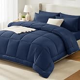 HIMEET Queen Comforter Set Navy, 7 Pieces Bed in a Bag | 240 GSM Lightweight Comforter, 14-Inch Deep-Pocket Fitted Sheet, Flat Sheet &amp; 4 Pillowcases, OEKO-TEX Certified