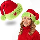Haysandy Christmas Green Furry Hat with Heart Santa Hat Fur Trim Adult Xmas Classic Santa Cap for Christmas Winter Festive Holiday Gift Women Men New Year Role Playing Party Photo Prop