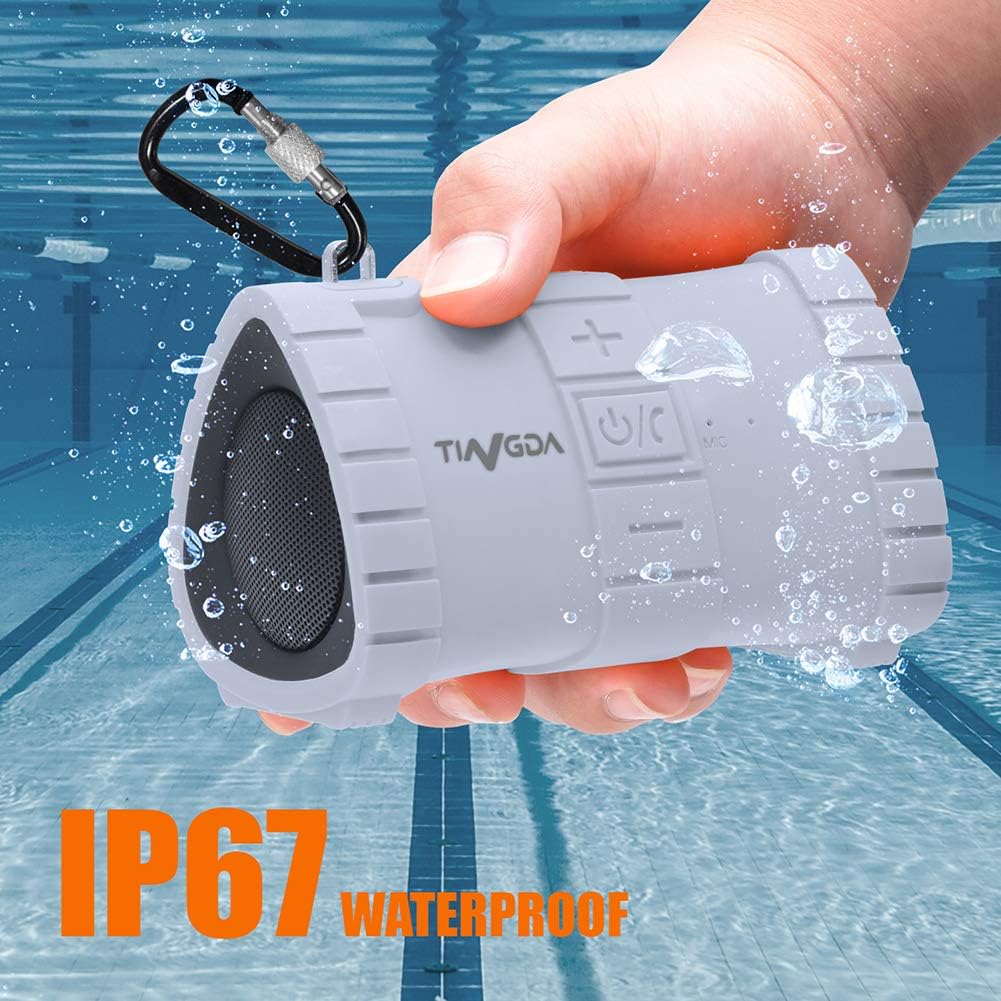 Tingda Bluetooth Speaker Waterproof, 6W Portable Wireless Speaker, IP67 Shower Speaker, Built-in Mic, Hands-Free Speakerphone, 2000mAh battery, 24H Playtime for Pool, Beach, Hiking, camping-grey