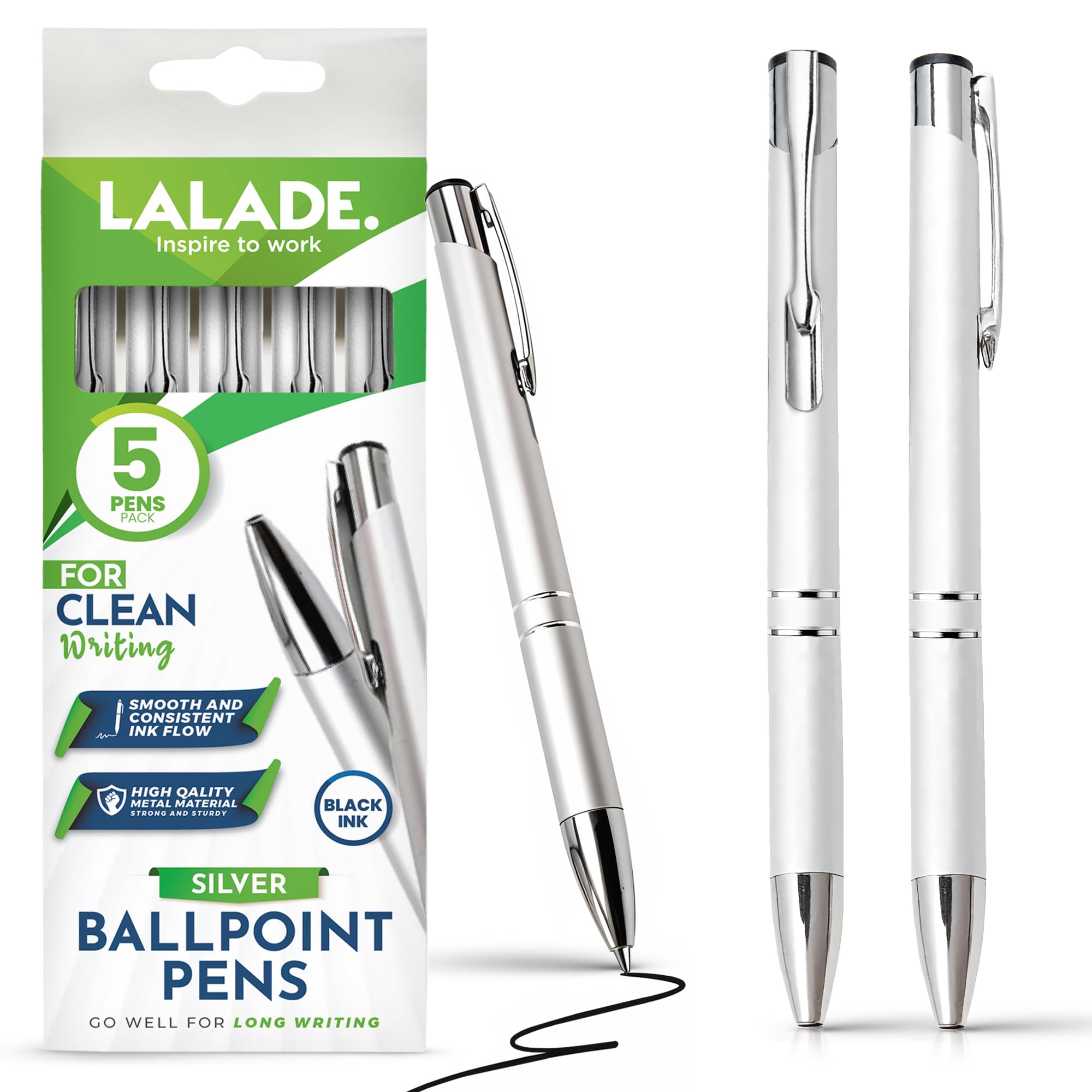 Lalade Stylish quality metal ballpoint Pens, black ink, soft writing experience (Silver)