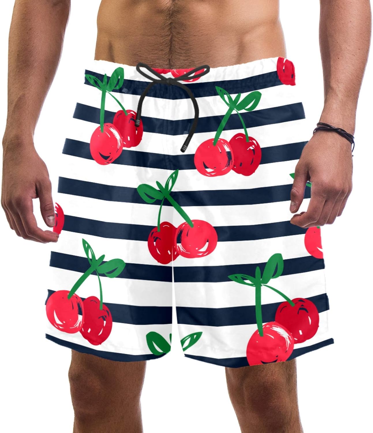 nakw88 Red Cherry Blue White Stripes Swim Shorts for Men Swim Trunks