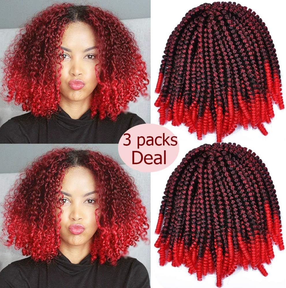 Mychanson 3 Pack Afro Spring Twist Crochet 8inch Fluffy Braids Bomb Twist Crochet Synthetic Jamaican Bounce Hair Extension (TRed)
