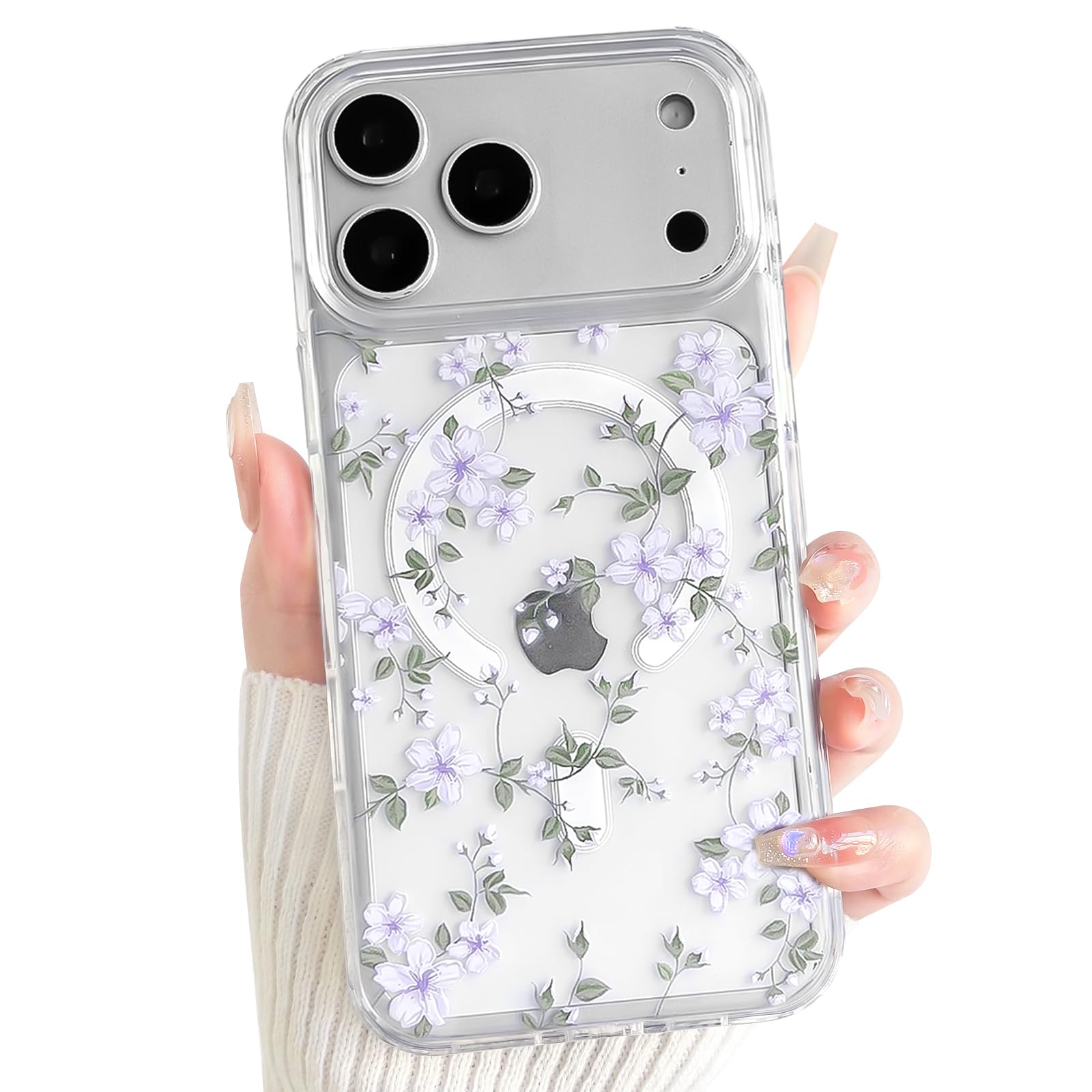 NITITOP Compatible for iPhone 17 Pro Max Case Cute Clear Magnetic Compatible with MagSafe Flowers Floral Plant Leaves for Women Girls Hard PC Back Shockproof Protective Phone Cover - Purple