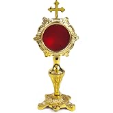 Needzo Small Brass Monstrance, Decorative Reliquary Display, Traditional Ornate Stand, 3 x 7 Inches