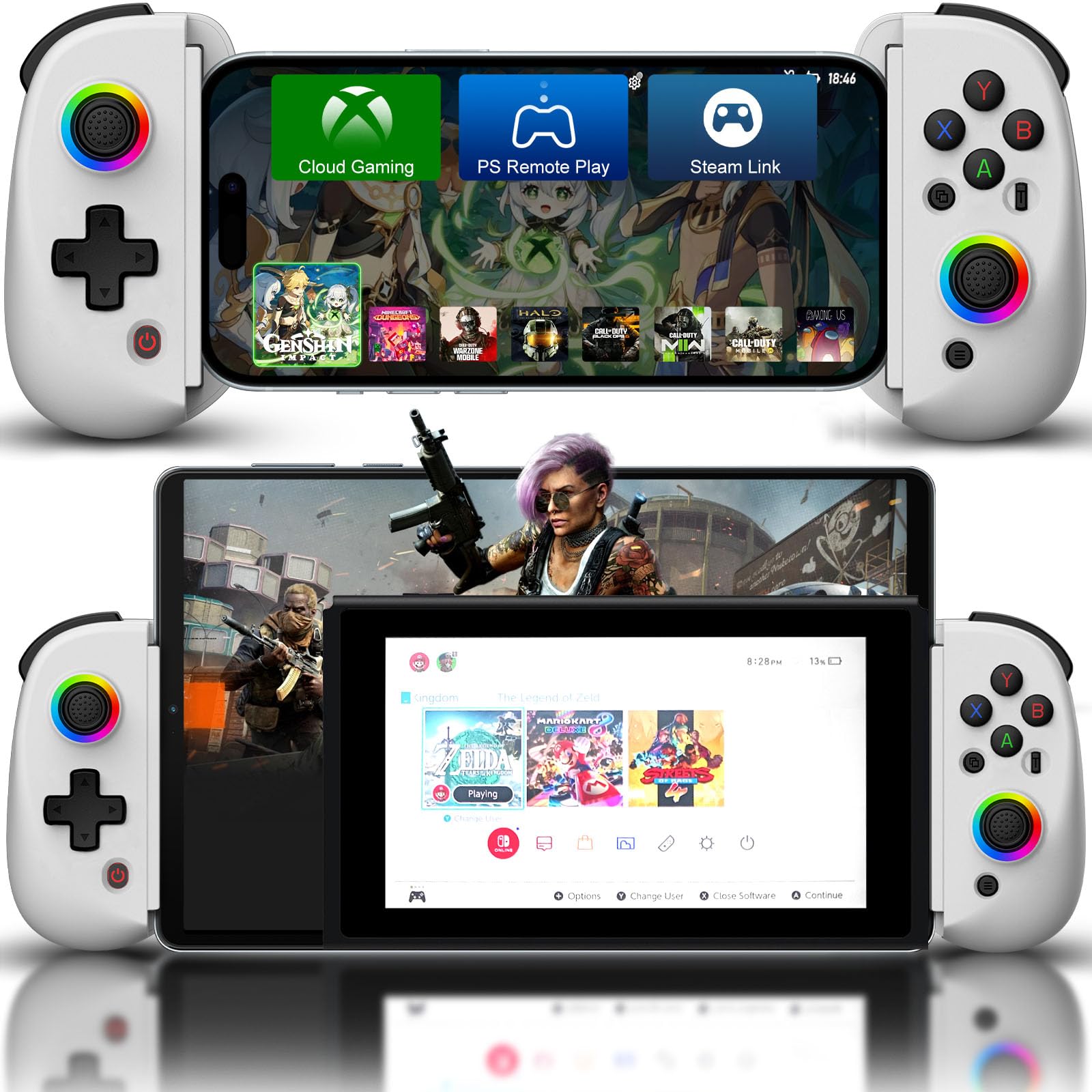 Joso Phone Controller for iPhone/iPad/Android/Tablet, D8 Controller for Switch/PS/PC with Hall Effects Joysticks Play COD, Genshin Impact, Android Handles, Cloud Gaming/Remote Play, Emulators White