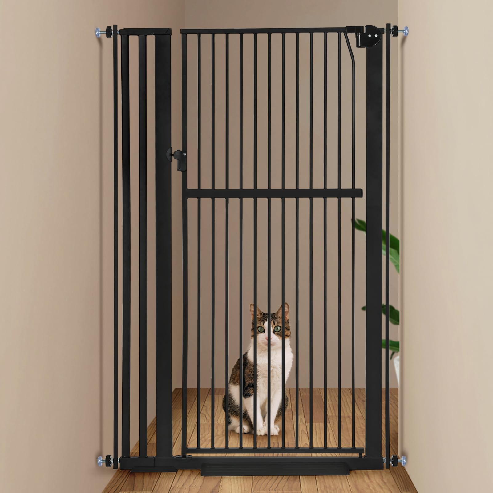Photo 1 of 59” Extra Tall Pet Gate, Durable Metal Cat Gate with Double Safety Lock & Walk Thru Door - Self Closing/Stay Open/Open Both Ways, Pressure Mounted Dog Gate for Indoor Stairs, Doorways, Hallways