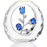 Crystal Blue Rose Bouquet Figurines Glass Flowers with Stems Valentines Anniversary Rose Gifts for Girlfriend Wife, Blue Crystal Rose in Glass Ring Collectible Figurines Forever Roses Decor