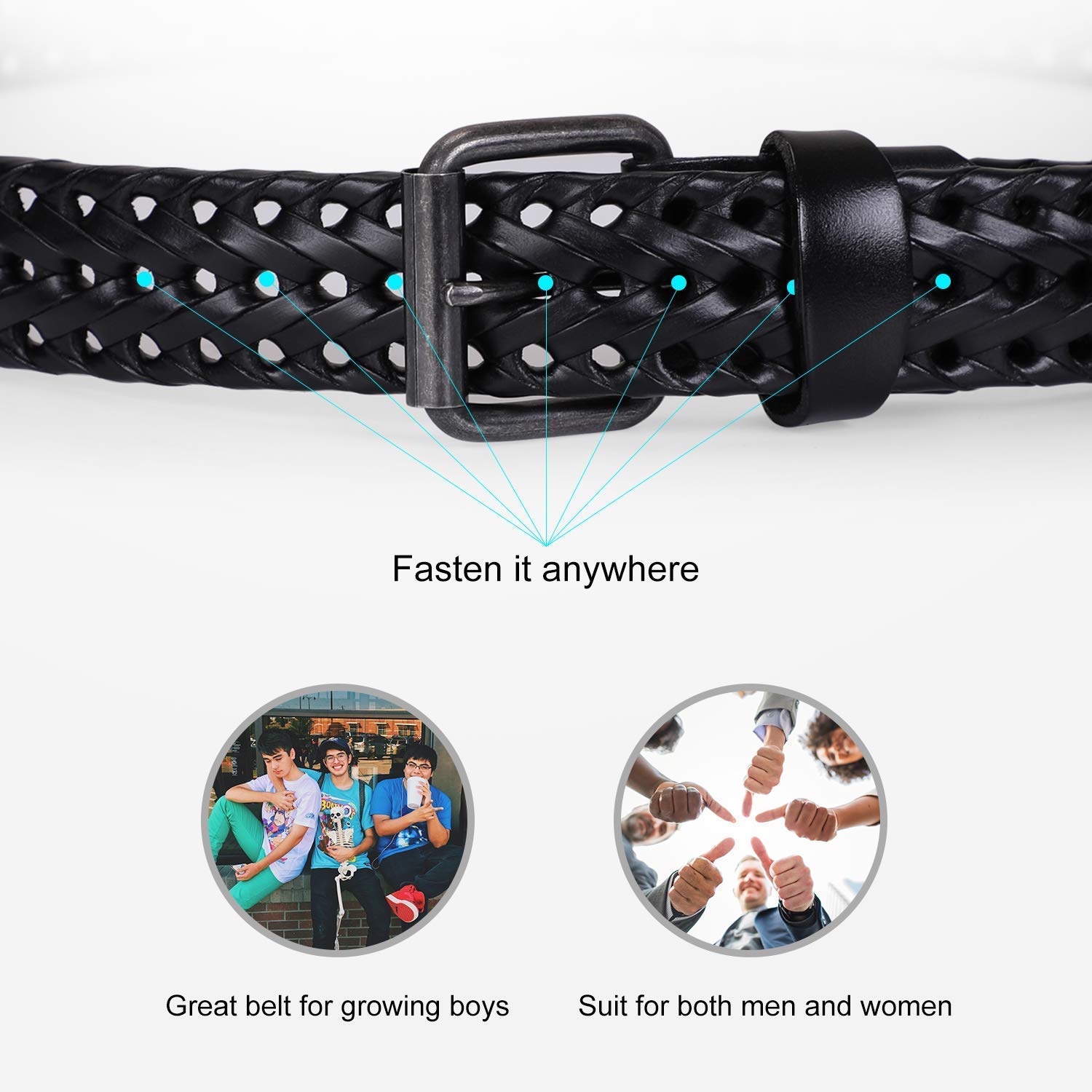 Men\'s Leather Braided Belt, JasGood Cowhide Leather Woven Belt for Jeans 1.3 Inch Wide with Prong Buckle,Fits Pants Size 33-38 Inches,1-Black