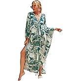 Moss Rose Caftan Coverup Dresses for Women V Neck Summer Swimsuit Kaftan Plus Size Maxi Beach Vacation Clothes