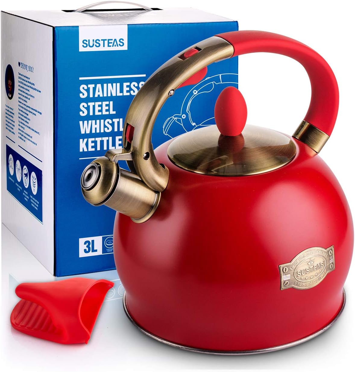 SUSTEAS Stove Top Whistling Tea Kettle-Surgical Stainless Steel Teakettle Teapot with Cool Touch Ergonomic Handle,1 Free Silicone Pinch Mitt Included,3 Liter(RED) - Image 3
