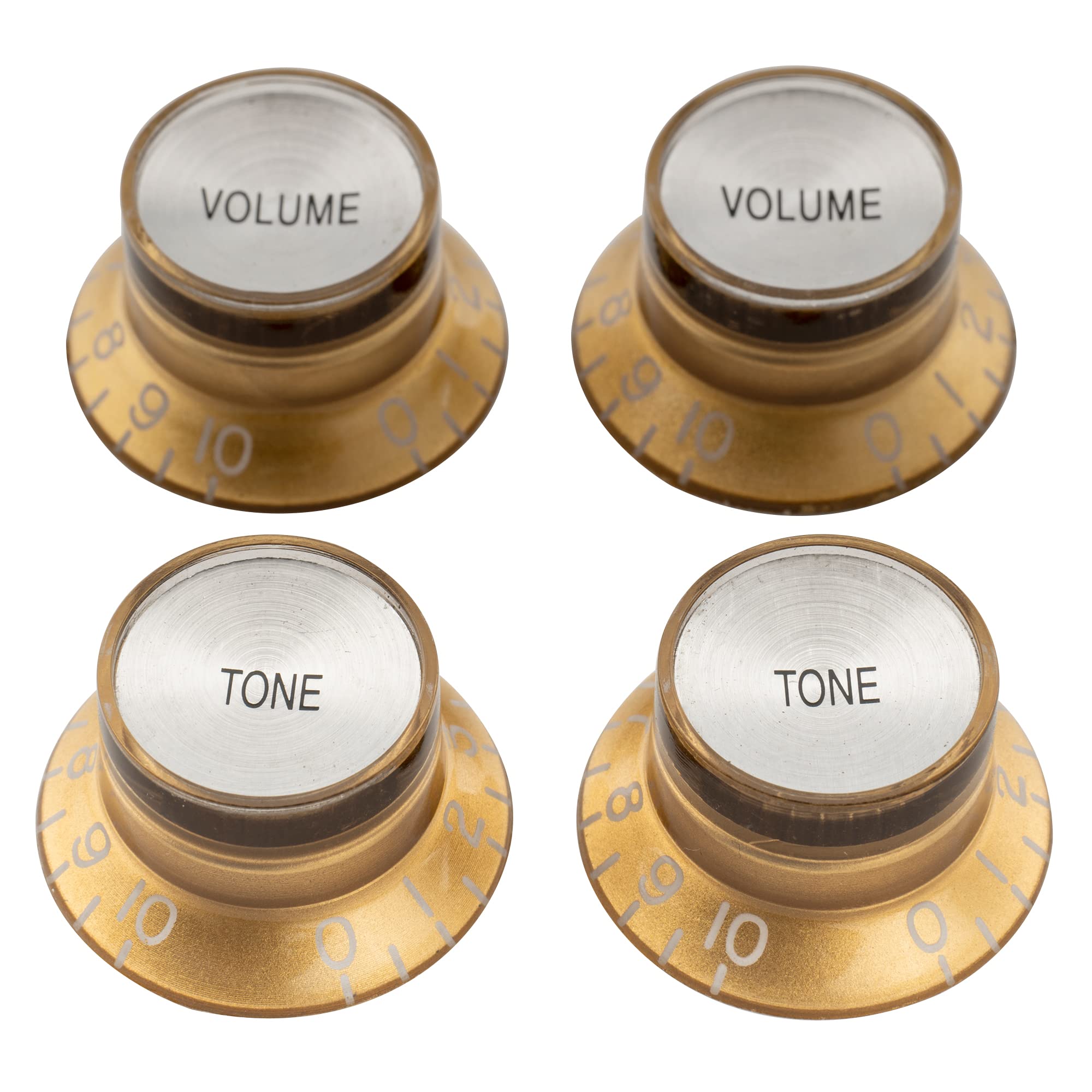 Musiclily Pro Metric LP Guitar Reflector Knobs 2 Volume 2 Tone Top Hat Bell Control Knobs Set for Epiphone Les Paul SG Electric Guitar, Gold with Silver Top
