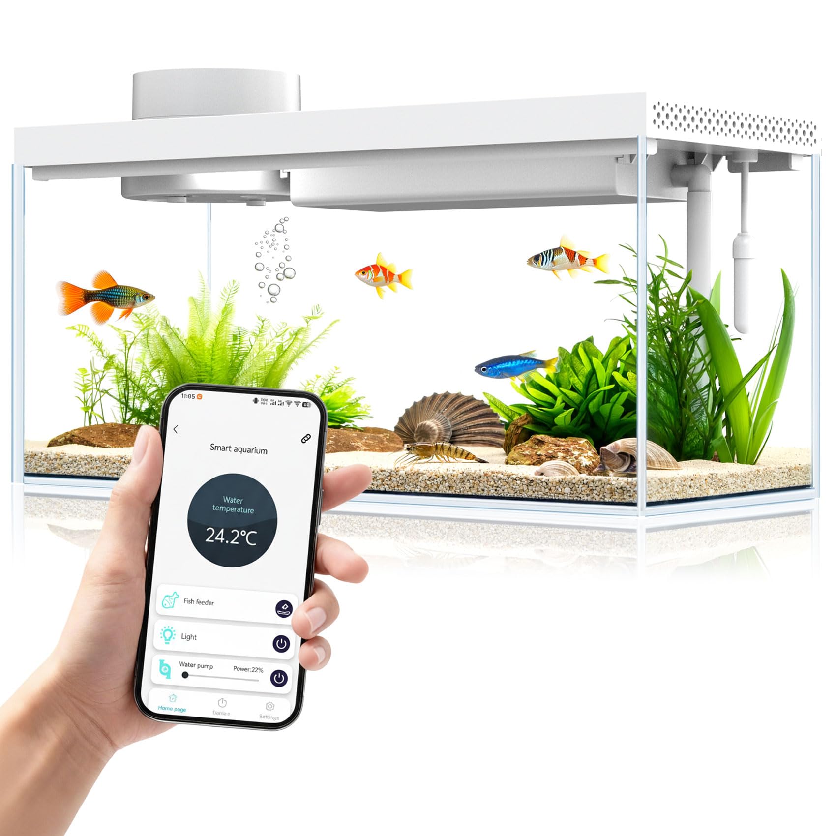 Photo 1 of 1.3 Gal Glass Desktop Fish Tank Kit with Bluetooth App Control - Automatic Feeder, RGB Lighting, Temperature Monitor & Self-Cleaning Filtration - Small Aquarium for Betta, Guppy, Shrimp