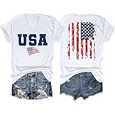 Womens American Flag 2 Sided V-Neck T Shirt 4th of July Patriotic Graphic Short Sleeve Top Casual Summer Tee
