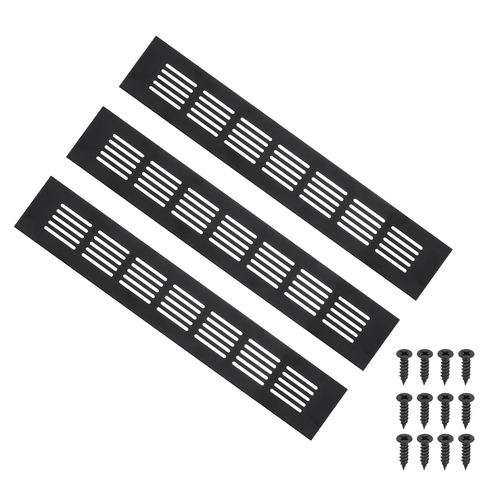 PATIKIL 12 x 2 Inch Door Air Vent Cover, 3pcs Aluminum Grille Ventilation Cover Louvered with Mounting Screws for Cabinet Wardrobe Door, Black