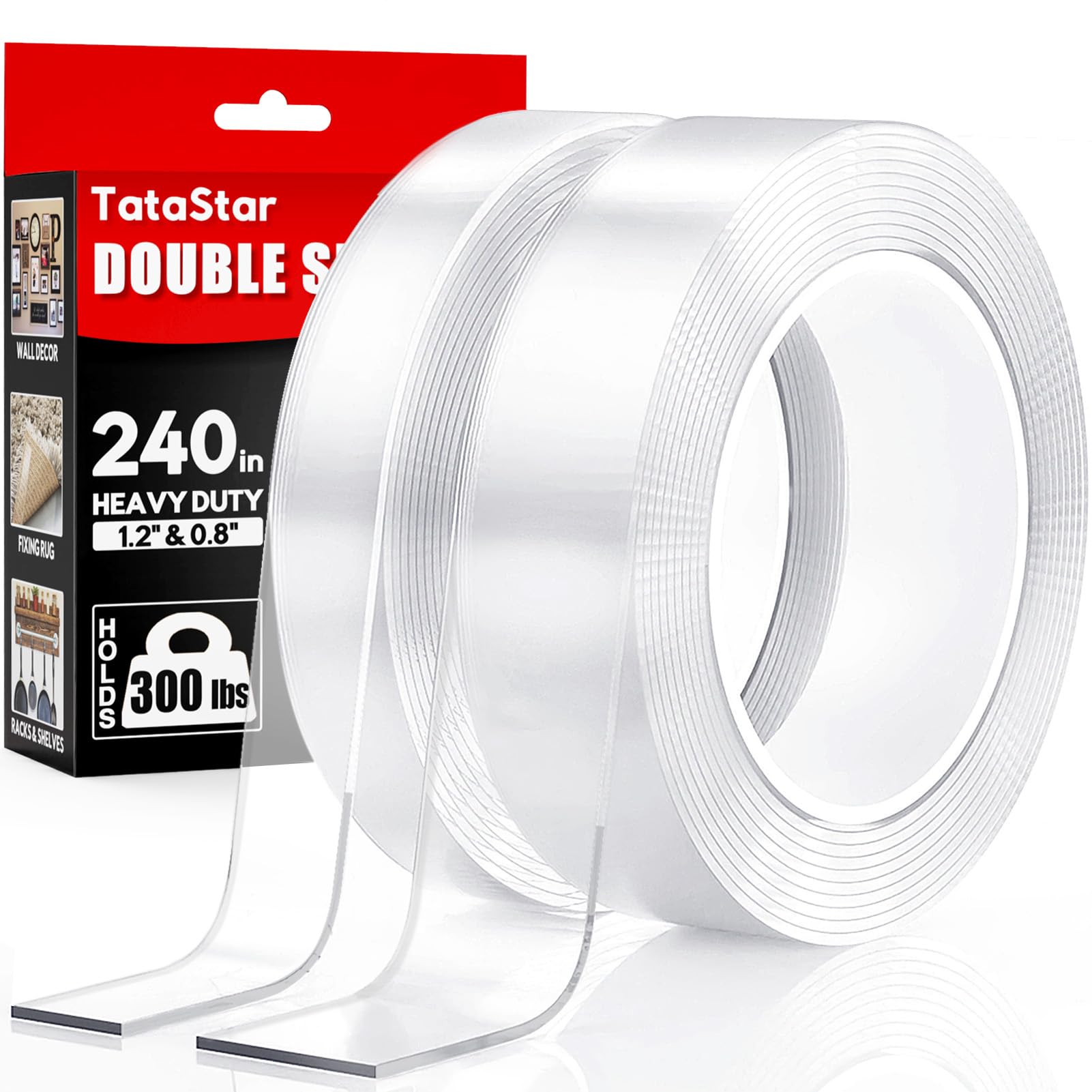 Tatastar Double Sided Tape Heavy Duty (2 Rolls, 20 Feet) - Removable Waterproof Nano Mounting Tape, 1.2" & 0.8" Width for Picture Hanging, Wall Decor, Posters, Carpets, Rugs - Indoor & Outdoor Use
